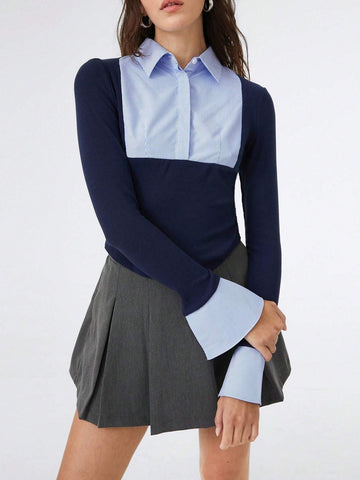 EZwear 1pc Women Plain Color Patchwork Front Button Long Sleeve Casual Shirt