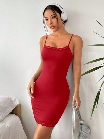 1pc Women Solid Color Elegant Spaghetti Strap Lace Trim Bodycon Dress