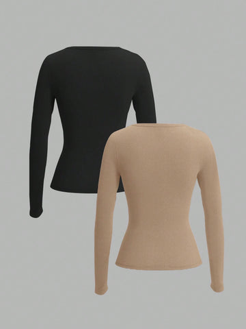 EZwear 1pc Women Tri-Color Knitted Cardigan Long Sleeve T-Shirt, Suitable For Spring And Autumn