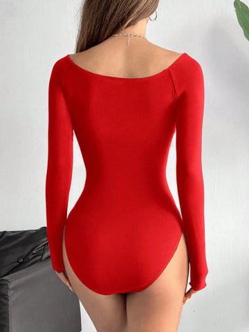1pc Women's Red Knit Off-Shoulder Bodysuit