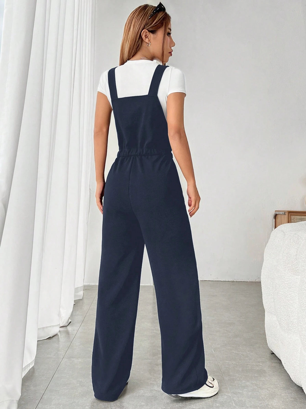 1pc Women's Solid Color Belted Casual Pocket Jumpsuit With Suspender Design