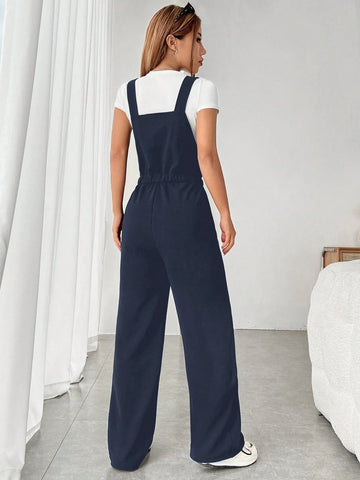 1pc Women's Solid Color Belted Casual Pocket Jumpsuit With Suspender Design