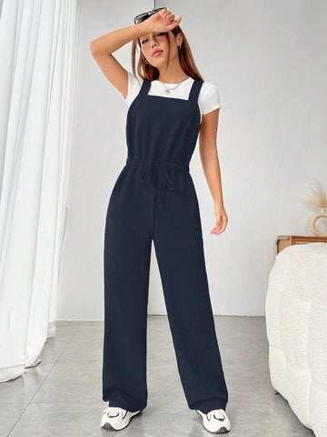 1pc Women's Solid Color Belted Casual Pocket Jumpsuit With Suspender Design