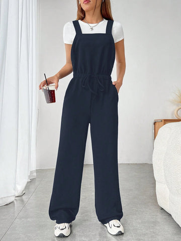 1pc Women's Solid Color Belted Casual Pocket Jumpsuit With Suspender Design