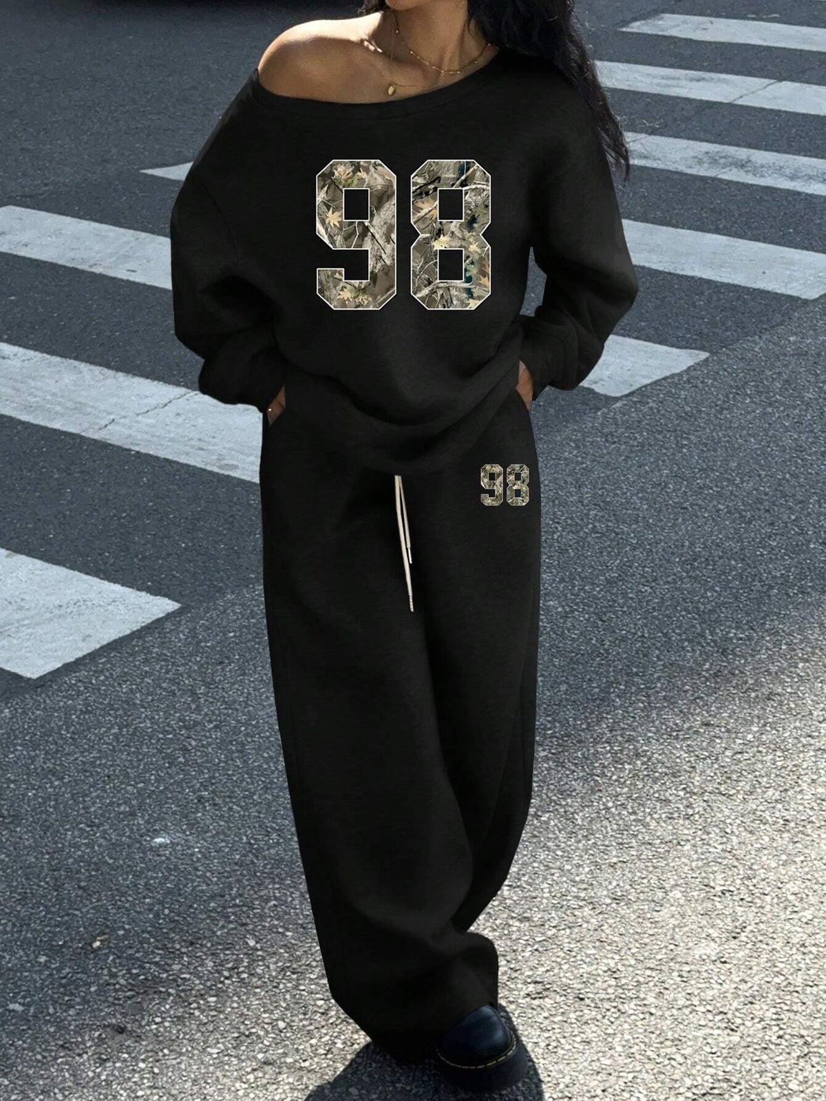 2-Piece Women's Set: Wide Open Neckline Off Shoulder Loose Casual Sweatshirt And Wide Leg Long Sweatpants, Thermal Lined, Suitable For Autumn/Winter