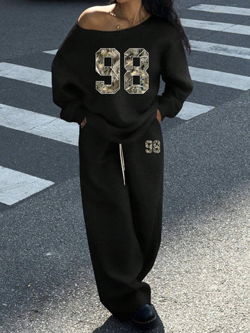 2-Piece Women's Set: Wide Open Neckline Off Shoulder Loose Casual Sweatshirt And Wide Leg Long Sweatpants, Thermal Lined, Suitable For Autumn/Winter