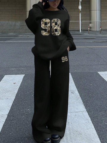 2-Piece Women's Set: Wide Open Neckline Off Shoulder Loose Casual Sweatshirt And Wide Leg Long Sweatpants, Thermal Lined, Suitable For Autumn/Winter