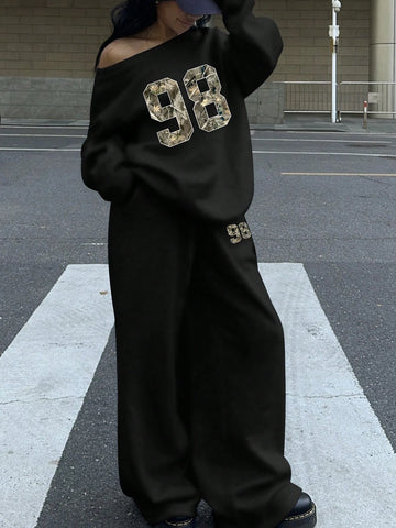 2-Piece Women's Set: Wide Open Neckline Off Shoulder Loose Casual Sweatshirt And Wide Leg Long Sweatpants, Thermal Lined, Suitable For Autumn/Winter