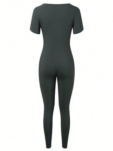 2024 Women Yoga Pants, Fitness Ribbed Short Sleeve Crew Neck Jumpsuit, Shapewear With Tummy Control