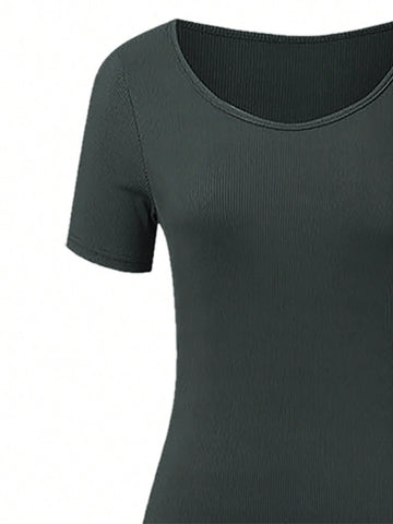 2024 Women Yoga Pants, Fitness Ribbed Short Sleeve Crew Neck Jumpsuit, Shapewear With Tummy Control