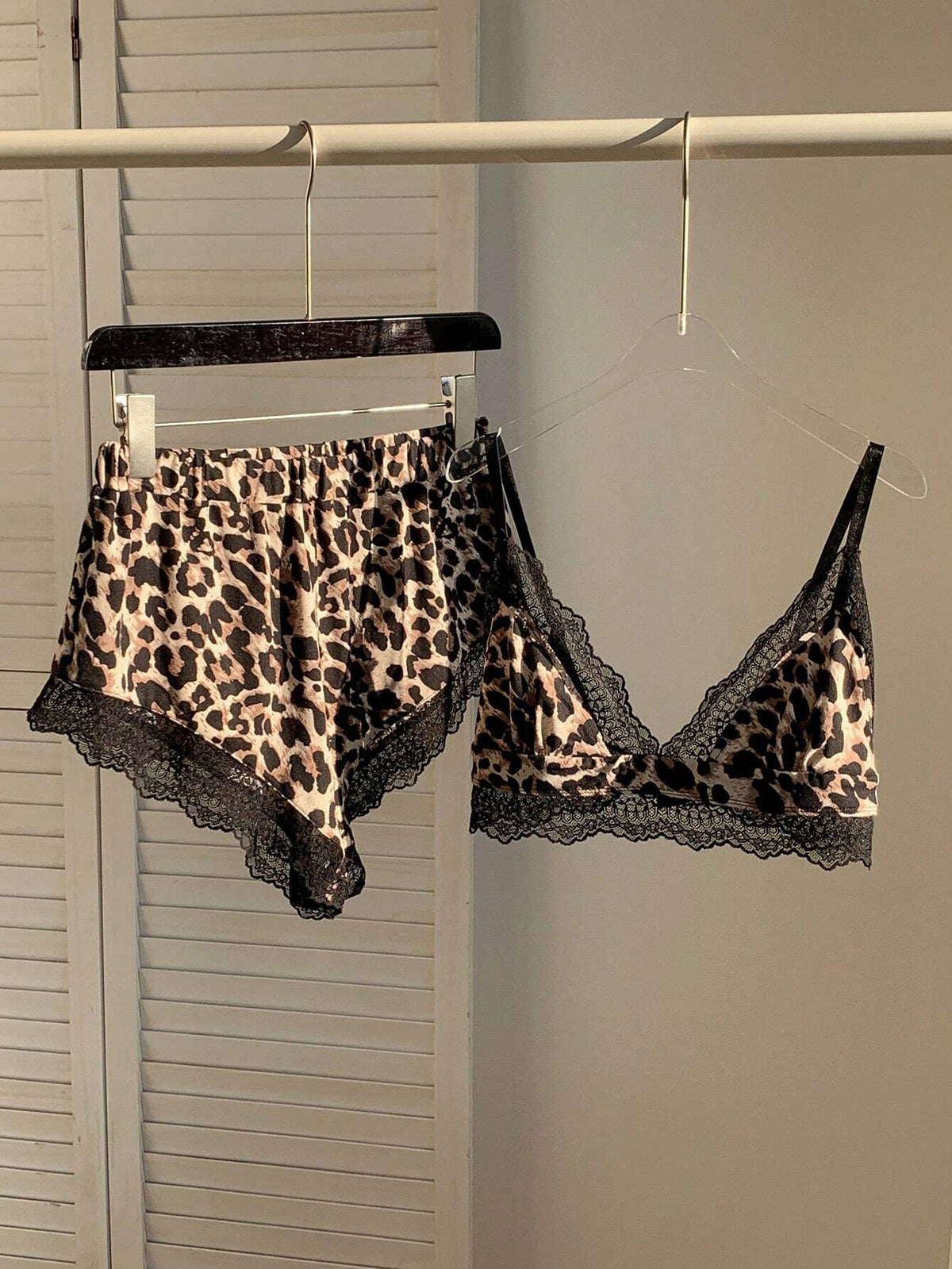 2 Piece Set Leopard Velvet Contrast Lace Trim Lingerie