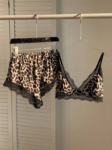 2 Piece Set Leopard Velvet Contrast Lace Trim Lingerie