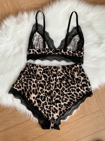 2 Piece Set Leopard Velvet Contrast Lace Trim Lingerie
