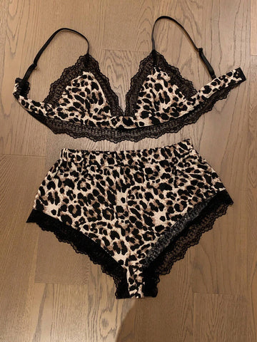 2 Piece Set Leopard Velvet Contrast Lace Trim Lingerie