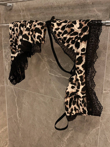 2 Piece Set Leopard Velvet Contrast Lace Trim Lingerie