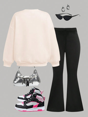 2pcs/Set Casual Loose Crew Neck Sweatshirt And Skinny Legging Pants