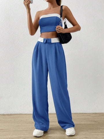 Contrast Trim Tube Top & Straight Leg Pants