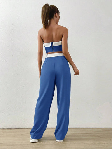 Contrast Trim Tube Top & Straight Leg Pants