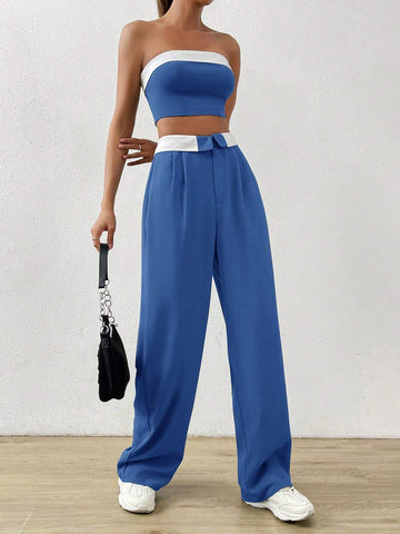 Contrast Trim Tube Top & Straight Leg Pants