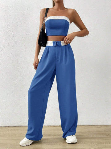 Contrast Trim Tube Top & Straight Leg Pants