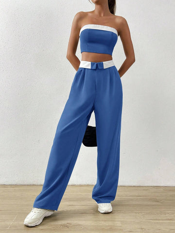 Contrast Trim Tube Top & Straight Leg Pants