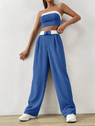 Contrast Trim Tube Top & Straight Leg Pants