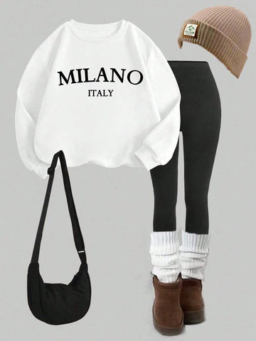 2pcs/Set Loose Round Neck Hoodie And Skinny Leggings