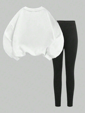 2pcs/Set Loose Round Neck Hoodie And Skinny Leggings