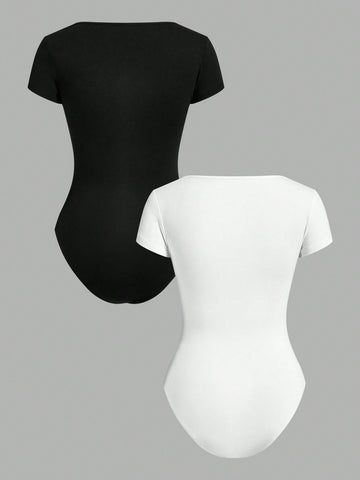 2pcs/Set Simple Black & White Letter Printed Round Neck Short Sleeve Bodysuit For Women