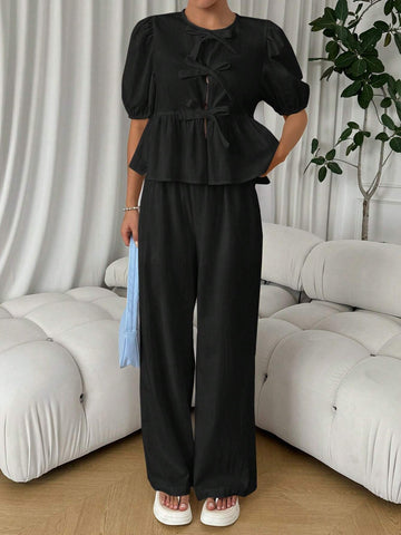 2pcs/Set Summer Casual Lace Up Puff Sleeve Blouse & Wide Leg Pants Outfit