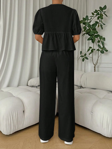 2pcs/Set Summer Casual Lace Up Puff Sleeve Blouse & Wide Leg Pants Outfit