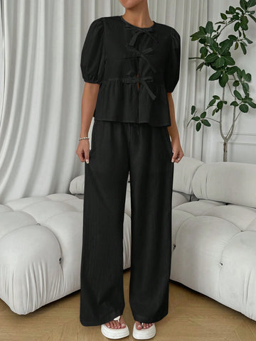 2pcs/Set Summer Casual Lace Up Puff Sleeve Blouse & Wide Leg Pants Outfit