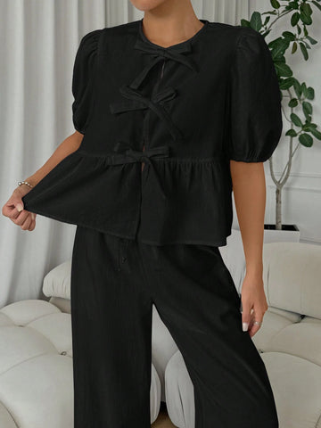 2pcs/Set Summer Casual Lace Up Puff Sleeve Blouse & Wide Leg Pants Outfit