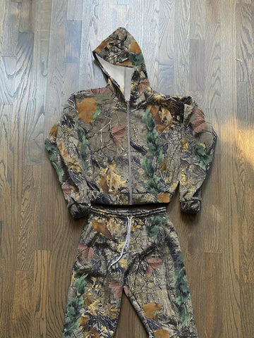 2pcs/Set Women Casual Autumn Branch Print Long Sleeve Zip Front Hooded Sweatshirt And Pants Set