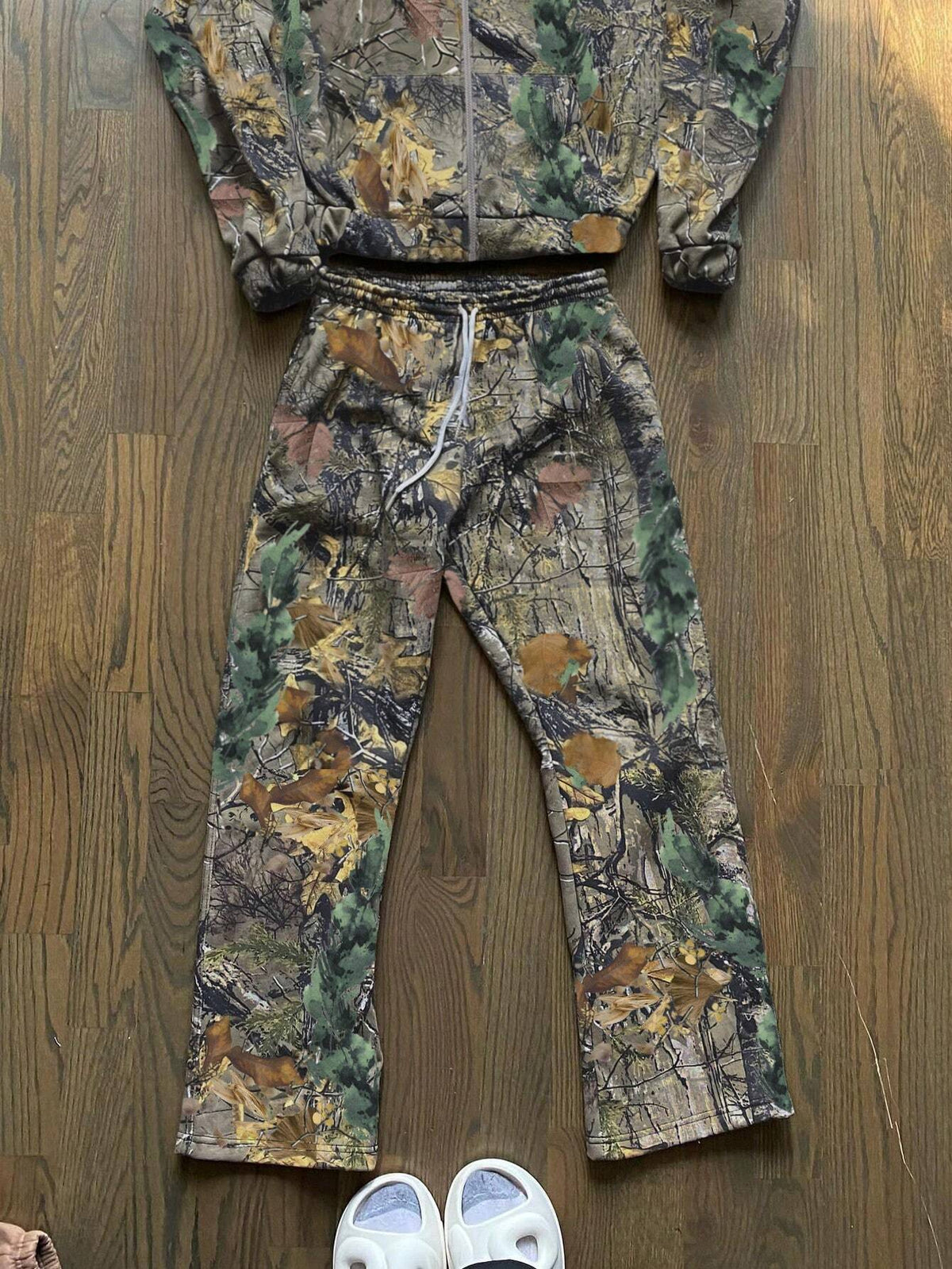 2pcs/Set Women Casual Autumn Branch Print Long Sleeve Zip Front Hooded Sweatshirt And Pants Set