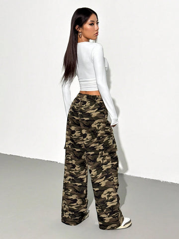 2pcs/Set Women Knit Ruched T-Shirt With Cargo Pocket & Camouflage Casual Pants