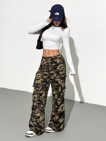 2pcs/Set Women Knit Ruched T-Shirt With Cargo Pocket & Camouflage Casual Pants