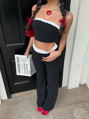 2pcs/Set Women Solid Color Patchwork Bandeau Top And Pants Suit