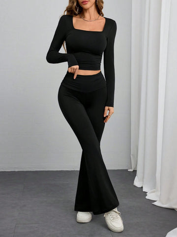2pcs/Set Women Square Collar Long Sleeve Fitted Cropped Top & Low Waist Flared Leg Pants
