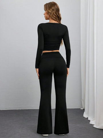 2pcs/Set Women Square Collar Long Sleeve Fitted Cropped Top & Low Waist Flared Leg Pants