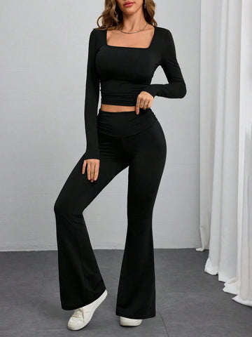 2pcs/Set Women Square Collar Long Sleeve Fitted Cropped Top & Low Waist Flared Leg Pants
