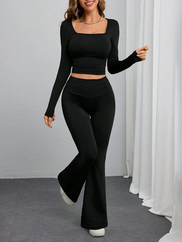 2pcs/Set Women Square Collar Long Sleeve Fitted Cropped Top & Low Waist Flared Leg Pants
