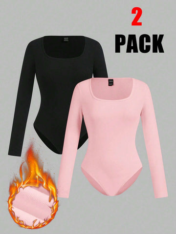 2pcs/Set Women Square Collar Long Sleeve Solid Color Knitted Thermal Bodysuit
