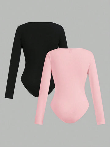 2pcs/Set Women Square Collar Long Sleeve Solid Color Knitted Thermal Bodysuit