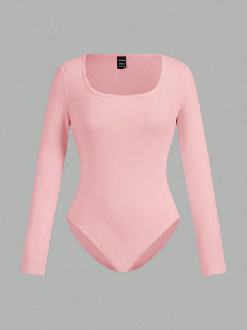 2pcs/Set Women Square Collar Long Sleeve Solid Color Knitted Thermal Bodysuit
