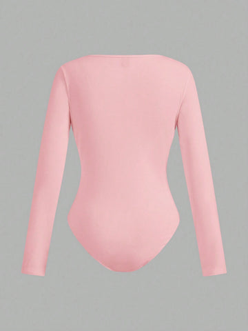 2pcs/Set Women Square Collar Long Sleeve Solid Color Knitted Thermal Bodysuit