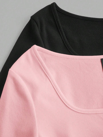 2pcs/Set Women Square Collar Long Sleeve Solid Color Knitted Thermal Bodysuit