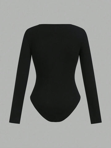 2pcs/Set Women Square Collar Long Sleeve Solid Color Knitted Thermal Bodysuit