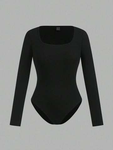 2pcs/Set Women Square Collar Long Sleeve Solid Color Knitted Thermal Bodysuit