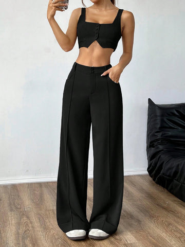 2pcs/Set Women Summer Solid Color Crop Top And Wide Leg Pants Casual Outfit